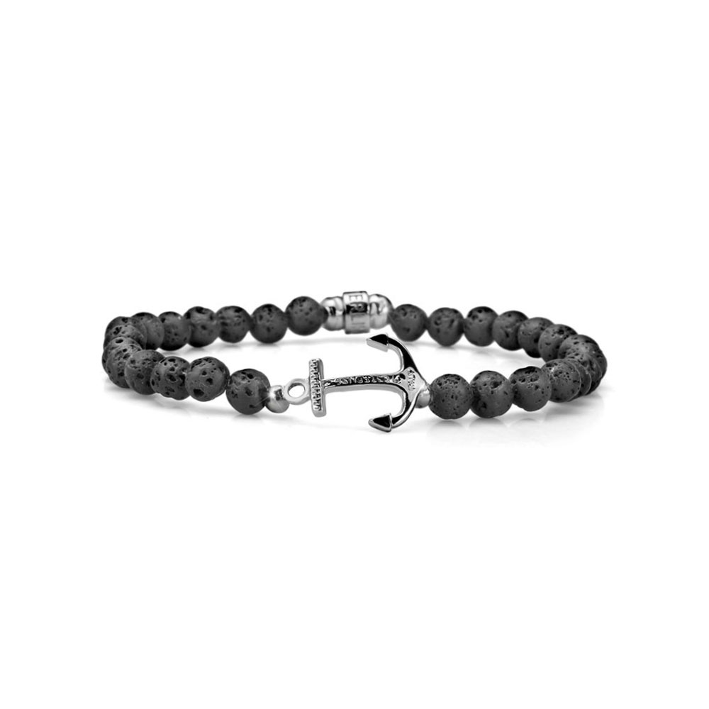 BRACCIALE UOMO COLLEZIONE NEPTUNE ARGENTO E PERLE DI LAVA AD ELASTICO CON ANCORA