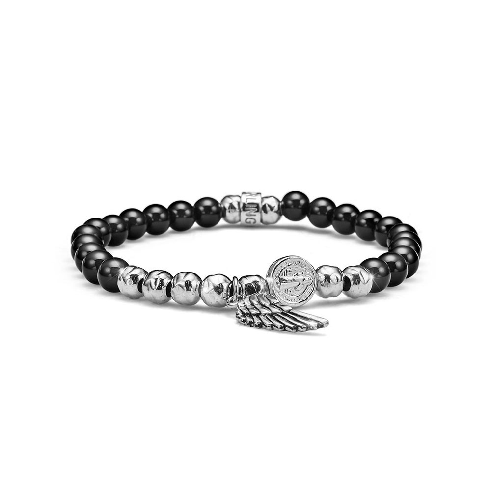 BRACCIALE UOMO NIKE ELASTICO IN ARGENTO E AGATA NERA CHARM ALI