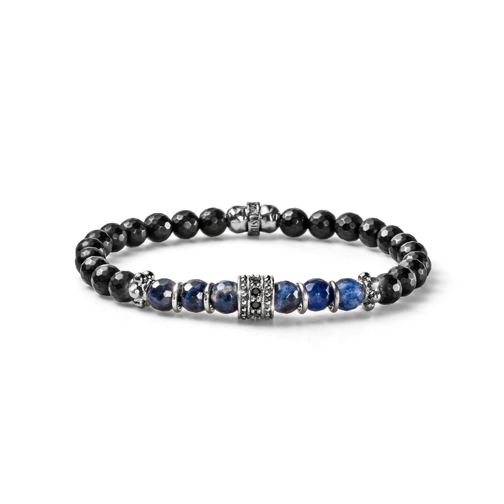 BRACCIALE UOMO ELASTICO LUXURY STONE ARGENTO AGATA NERA OPACA SFACCETTATA SODALITE E CRYSTAL